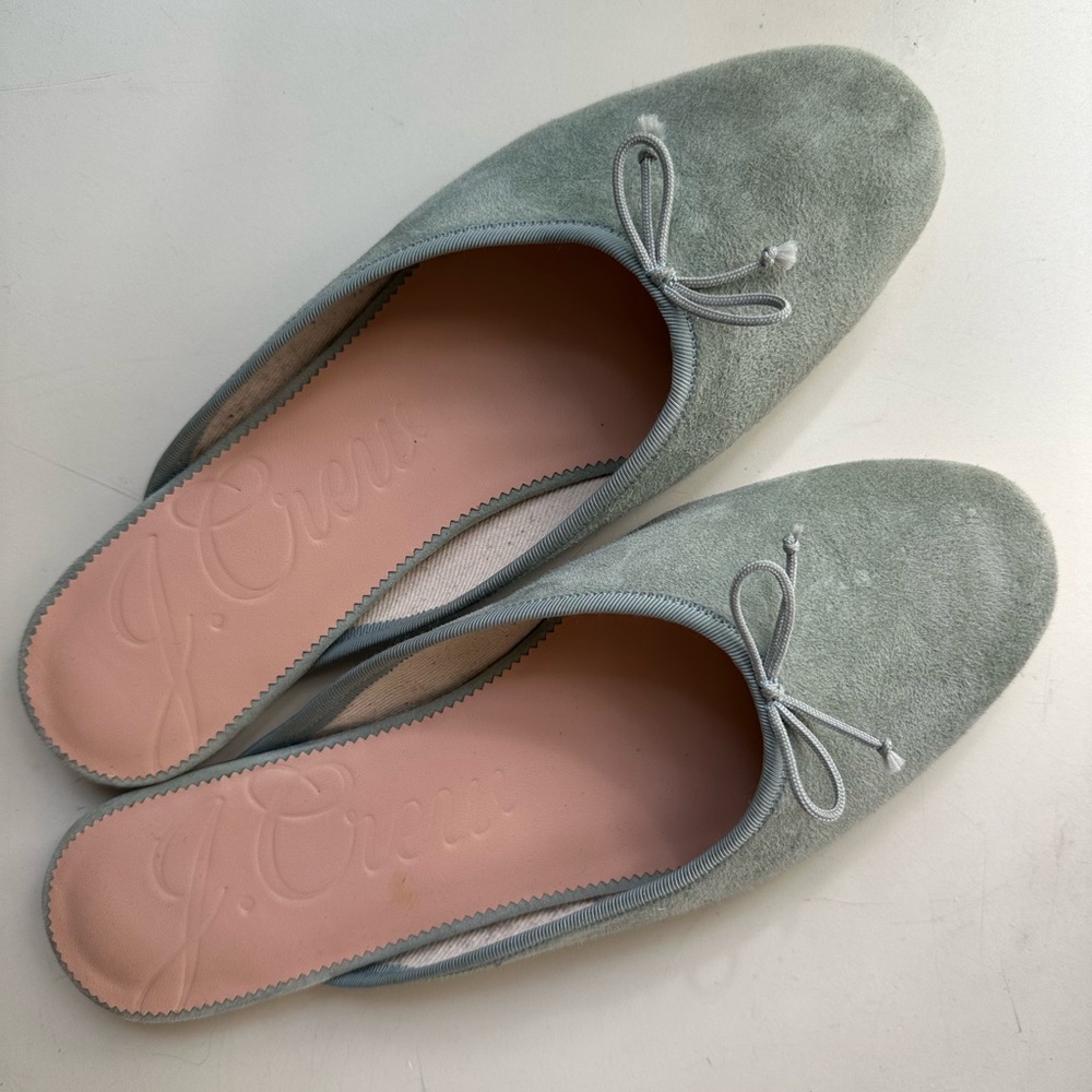 New J. Crew Zoe Mule Ballet Flat in Suede, Slate Green, Size 10